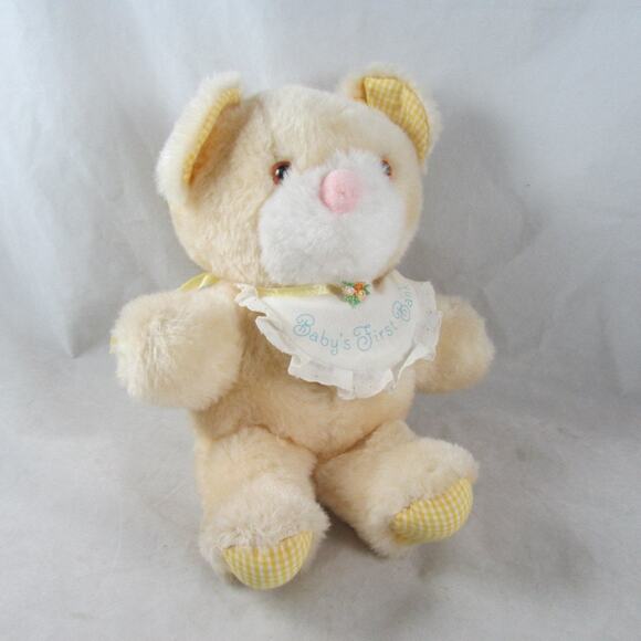 Plush Teddy Bear Babys First Bank Gingham Accents Bib 9" Vintage Hallmark 1982 - Picture 3 of 8